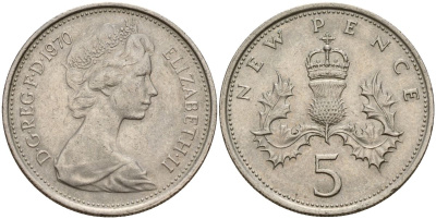 Великобритания 5 пенсов 1970 Елизавета II (1952-2022) KM 911, Spink 4233 (D1) медно-никель 4150-725