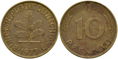 ФРГ 10 пфеннигов 1977 F J. 383, KM 108 сталь плакированная латунью    4603-433