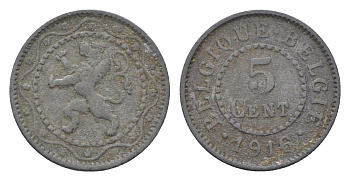 Бельгия 5 сантимов 1916 Belgique-Belgie, германская оккупация, I-ая мировая война KM 80 цинк 4702-1041