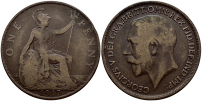 Великобритания 1 пенни 1917 Георг V (1910-1936) KM 810, Spink 4051 бронза 4607-634