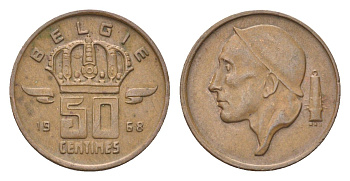 Бельгия 50 сантимов 1968 Belgie, Бодуэн I (1951-1993) KM 149 бронза 4705-261