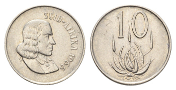 ЮАР 10 центов 1966 Ян ван Рибек (1619-1677), Suid Africa, легенда на африкаанс, цветок алоэ KM 68.2 никель 4694-559