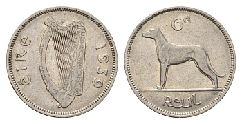 Ирландия 6 пенсов 1939 собака, ирландский волкодав KM 13 никель 3851-1246
