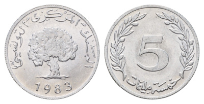 Тунис 5 динаров 1983 пробковый дуб KM 282 алюминий UNC 4675-453