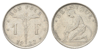 Бельгия 1 франк 1922 Belgique, Альберт I (1910-1934) KM 89 никель 4704-1037