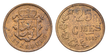 Люксембург 25 сантимов 1947 Шарлотта (1918-1964) KM 45 бронза aUNC 4705-555