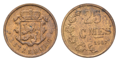 Люксембург 25 сантимов 1947 Шарлотта (1918-1964) KM 45 бронза aUNC 4705-555
