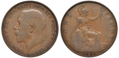 Великобритания 1 пенни 1921 Георг V (1910-1936) KM 810, Spink 4051 бронза 4123-1011