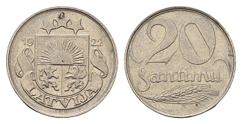 Латвия 20 сантимов 1922 год-тип KM 5 никель 4655-756