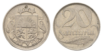 Латвия 20 сантимов 1922 год-тип KM 5 никель 4655-756