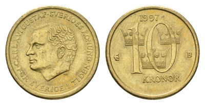 Швеция 10 крон 1997 Карл XVI Густав (1973-), редкий год KM 877 нордик 4657-1213