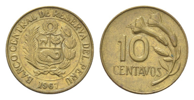 Перу 10 сентаво 1967 KM 245 латунь aUNC 4705-965