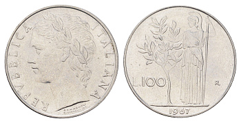 Италия 100 лир 1967 R, Афина в доспехах KM 96.1 нержавеющая сталь 4704-714