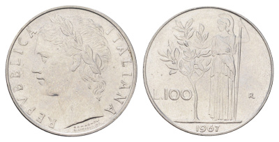 Италия 100 лир 1967 R, Афина в доспехах KM 96.1 нержавеющая сталь 4704-714
