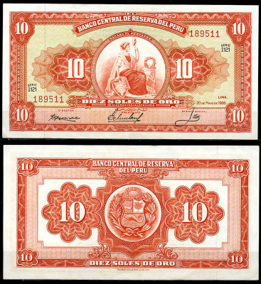 Перу 10 солей 1966 сидящая свобода, Thomas de la Rue Pick 84 a  бумага  аUNC 444-143-2-1