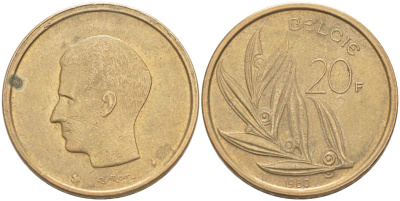 БЕЛЬГИЯ 20 ФРАНКОВ 1980 BELGIE KM 160 никель бронза 4525-534
