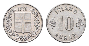 Исландия 10 эйре 1971 KM 10a алюминий UNC 4696-317