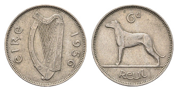 Ирландия 6 пенсов 1956 собака, ирландский волкодав KM 13a медно-никель 3851-1254