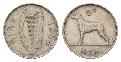 Ирландия 6 пенсов 1956 собака, ирландский волкодав KM 13a медно-никель 3851-1254