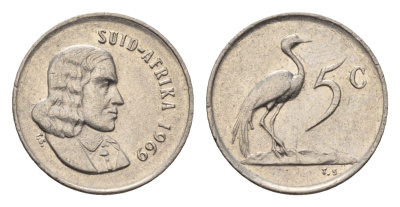 ЮАР 5 центов 1969 Ян ван Рибек (1619-1677), Suid Africa, легенда на африкаанс, райский журавль KM 67.2 медно-никель 4694-427