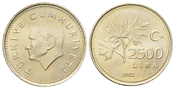 Турция 2500 лир 1992 Кемаль Ататюрк KM 1015 никель латунь UNC 4699-1256