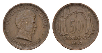 Чили 50 сентаво 1942 год-тип KM 178 медь 4685-842