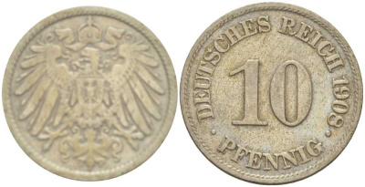 Германия 10 пфеннигов 1908 A KM 12, Jager 13, Weege 8 медно-никель 212-123