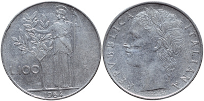 ИТАЛИЯ 100 ЛИР 1964 R, АФИНА KM 96.1 нержавеющая сталь 4394-545