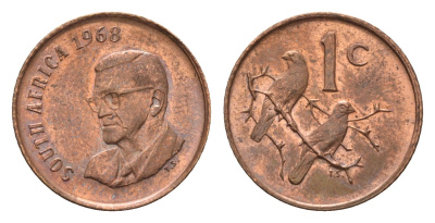 ЮАР 1 цент 1968 Окончание президентства Чарльза Сварта, South Africa, легенда на английском KM 74.1 бронза UNC 4690-1042