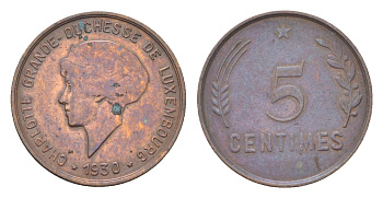 Люксембург 5 сантимов 1930 Шарлотта (1918-1964), год-тип KM 40 бронза 4705-553