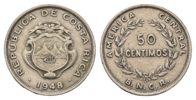 Коста-Рика 50 сентимо 1948 диаметр 26 мм, год-тип KM 182 медно-никель 4693-154