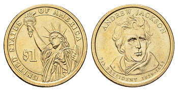 США 1 доллар 2008 P, Президент США - Эндрю Джексон (1829-1837) KM 428 медь с марганцево-латунным покрытием UNC 4704-214