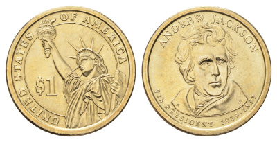 США 1 доллар 2008 P, Президент США - Эндрю Джексон (1829-1837) KM 428 медь с марганцево-латунным покрытием UNC 4704-214