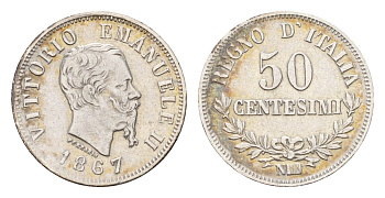 Италия 50 чентезимо 1867 N, Виктор Эммануил II (1861-1878) KM 14.2 серебро 272-1143