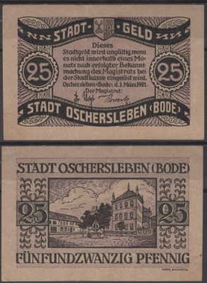 Ошерслебен 25 пфеннигов 1921 Mehl Grabowski 1028.3a-3/4 бумага 8613-50-2-2
