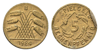 Германия игровой жетон в 5 рентенпфеннигов 1924 диаметр 18 мм, вес 0,2 гр картон 4702-1015