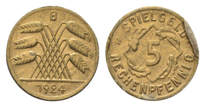 Германия игровой жетон в 5 рентенпфеннигов 1924 диаметр 18 мм, вес 0,2 гр картон 4702-1015