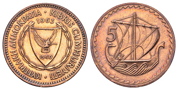 Кипр 5 милей 1963 KM 39 бронза 202-523