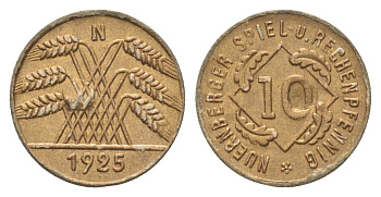 Германия игровой жетон в 10 рентенпфеннигов 1925 диаметр 20,5 мм, вес 0,3 гр картон 4702-1018