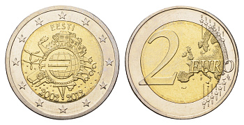 Эстония 2 евро 2012 10 лет евро наличными KM 70 биметалл UNC 4693-1133