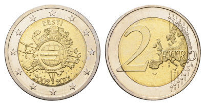 Эстония 2 евро 2012 10 лет евро наличными KM 70 биметалл UNC 4693-1133