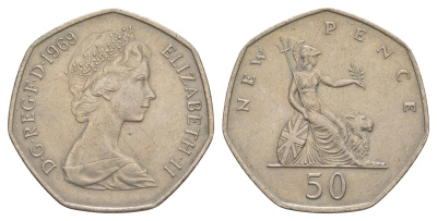 Великобритания 50 новых пенсов 1969 Елизавета II (1952-2022) KM 913, Spink 4223 (H1) медно-никель 4638-437