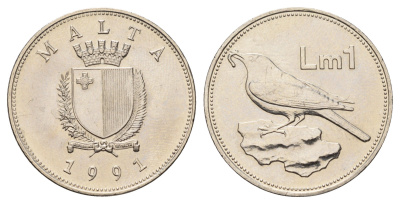 Мальта 1 лира 1991 KM 99 никель UNC 4140-1133