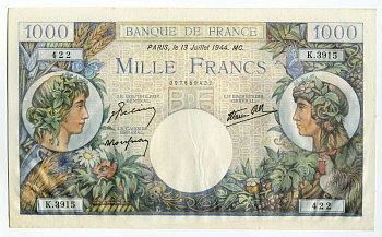 Франция 1000 франков 1944 13 июля 1944, подписи J. Belin, P. Rousseau and R. Favre-Gilly Pick 96b бумага aUNC 451-9-1
