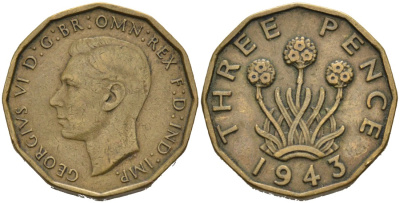Великобритания 3 пенса 1943 Георг VI (1937-1952) KM 849, Spink 4112 никель латунь 4561-956