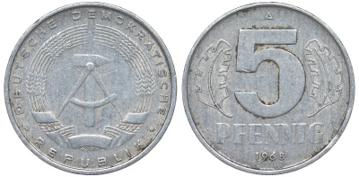 ГДР 5 ПФЕННИГОВ 1968 A KM 9.1 алюминий 62-111