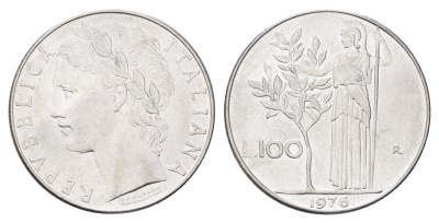 Италия 100 лир 1976 R, Афина в доспехах KM 96.1 нержавеющая сталь 4704-726