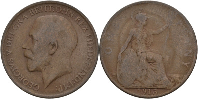Великобритания 1 пенни 1913 Георг V (1910-1936) KM 810, Spink 4051 бронза 4144-812