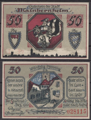 Майнбернхайм 50 пфеннигов 1920 DeNG 2 M3.1 бумага UNC (пресс) 8613-59-3-2
