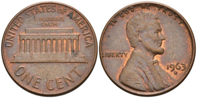 США 1 цент 1963 D, Линкольн KM 201 медь цинк 4564-422